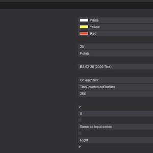Puede incluir: Un menú de propiedades de software titulado Tick Counter Colors con ajustes para Open Color, Less than 300 y Less than 100, con cuadros de color blanco, amarillo y rojo. Los parámetros adicionales incluyen Font Size 25, Bar Size Display en Points.