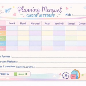 Peut inclure: Un planificateur mensuel aux couleurs pastel avec le texte "Planning Mensuel GARDE ALTERNÉE". Il comprend une grille pour la planification hebdomadaire, avec des sections pour les activités, les rendez-vous médicaux et les affaires à transférer.