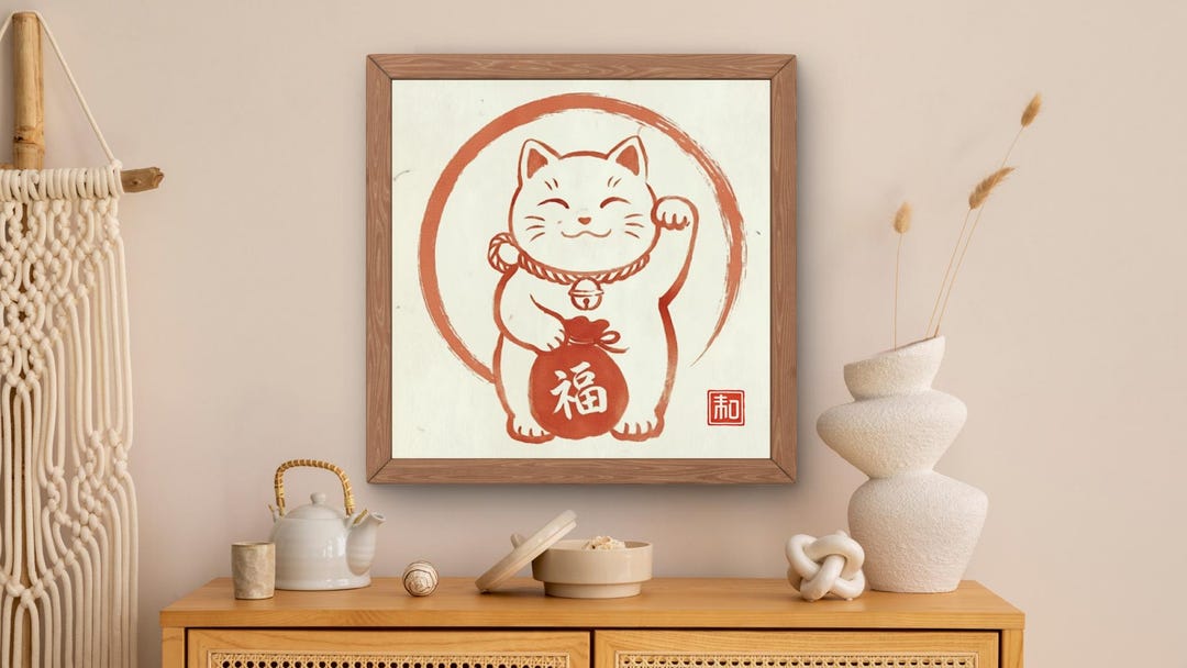 Lucky Maneki Neko Wall Art Print – Japanese Good Luck Cat Poster ...