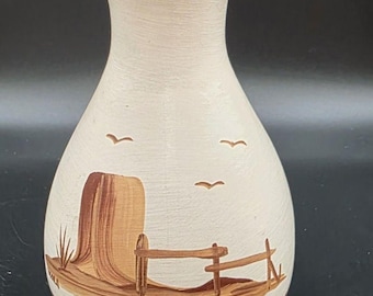 Southwestern Western Desert Cactus Hand painted Pottery Vase Signed Thora #148