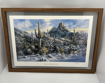 Gerry Metz, Hiver à Pinnacle Peak, estampe signée et numérotée, encadrée, Saguaro, Arizona