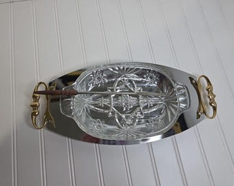 Vintage Beautiful Kromex Relish Dish Crystal Clear Glass on Metal Tray w/Fork