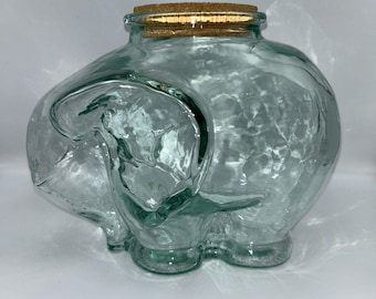 Vintage Large Glass Elephant Cookie Jar with a Cork Lid ~ Green Tinted Glass