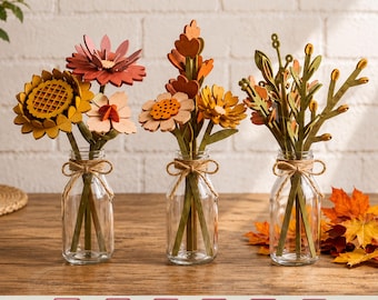 3D Autumn Flowers Bundle Laser Cut, Layered Flower SVG, Wooden Flower Vase SVG, Fall Floral Decor, Cricut, Glowforge