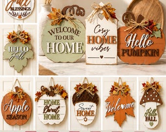 Fall Wall Signs Bundle Laser Cut, Autumn Door Hanger SVG, Pumpkin Leaf Acorn Signs, Farmhouse Decor, Cricut Glowforge