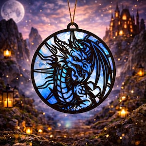 May include: A round, black-framed ornament featuring a blue dragon design. The dragon has intricate details and is set against a blue and white background. The ornament hangs from a gold string, with a fantasy landscape in the background.