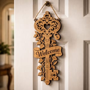 May include: Wooden key-shaped welcome sign hanging on a white door. The sign is made of light brown wood and features intricate cut-out designs, including a heart and floral accents. The word "Welcome" is displayed on a banner.