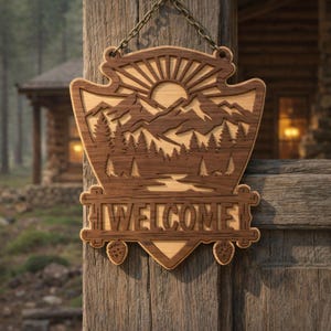 Mountain Welcome Sign SVG, Rustic Cabin Door Hanger, Lake House Welcome Sign, Laser Cut File, Wooden Welcome Sign SVG