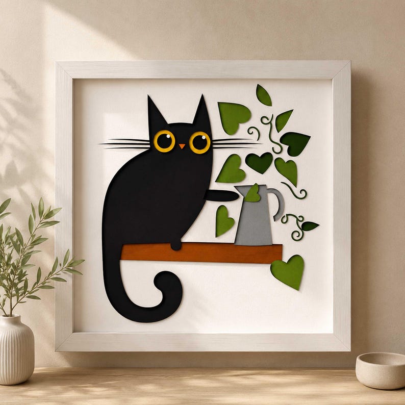 May include: A framed wall art piece featuring a black cat with yellow eyes, sitting on a brown shelf. The cat is next to a gray pitcher and green heart-shaped leaves. The frame is white.