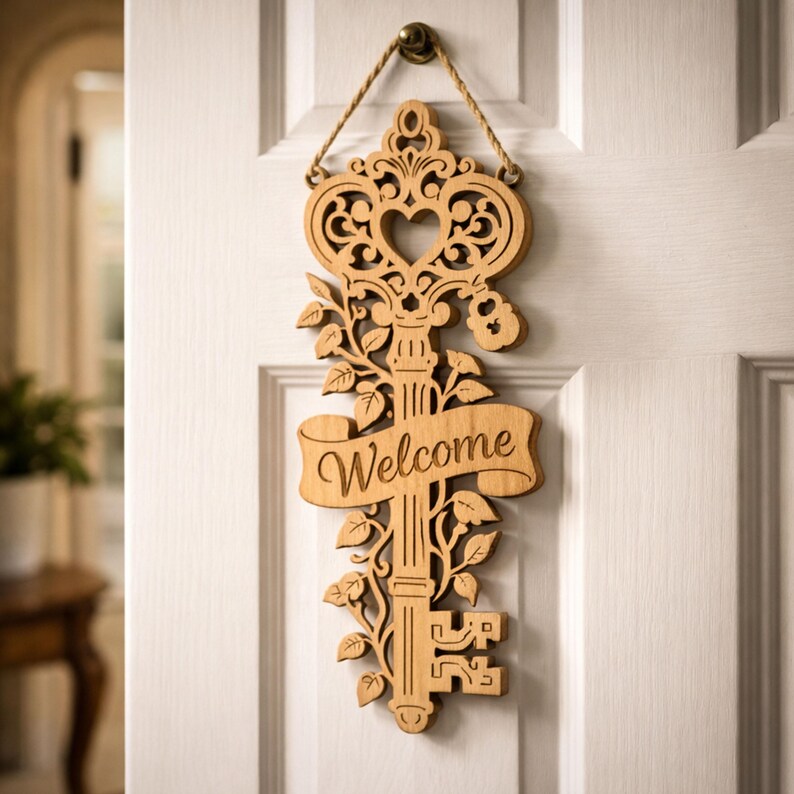 Vintage Key Welcome Sign SVG, Floral Key Door Hanger, Laser Cut Welcome ...