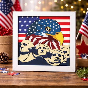 Caja de sombras del Monte Rushmore SVG, arte patriótico del águila americana en 3D por capas, archivo de corte de papel de la bandera de EE. UU., decoración del Día de la Independencia, descarga digital