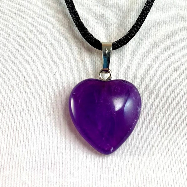 Amethyst Heart Necklace, Amethyst Birthstone Pendant, Amethyst Heart Pendant, On Stainless Chain or Black Cord, Choose length