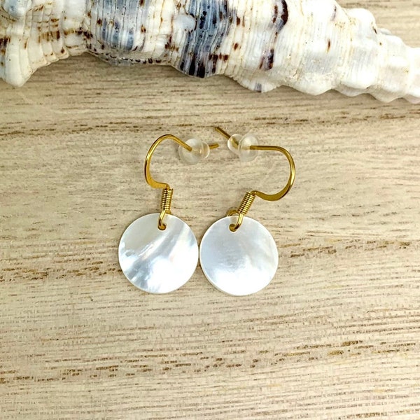 Mother of Pearl Earrings White Shell Disc Gold Surgical Steel Earrings Bridal Earrings Wedding Earrings Round Shell Earring White MOP Circle