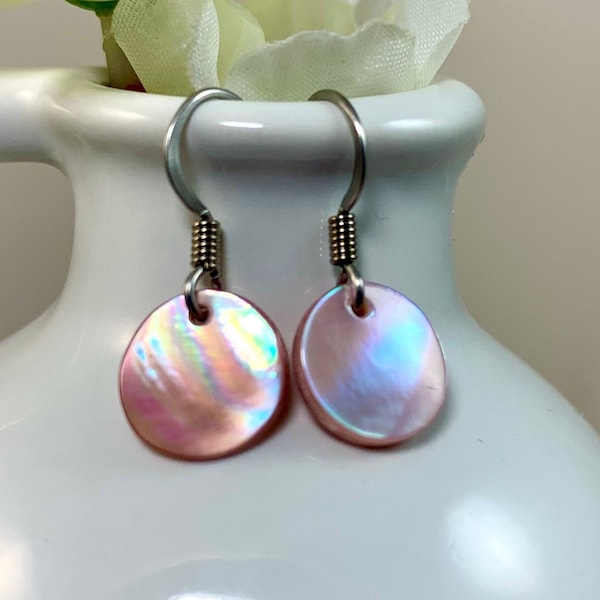 Pink Shell Earrings, Shell Disc-Shaped Earrings, Pink Mother of Pearl Earrings, Stainless Steel French Ear wires, 10mm