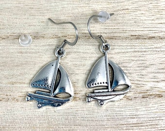 Sailing Boat Earrings, Boating Earrings Dangle, Nautical Jewelry, Sail boat charms on Surgical Stainless French Earwires