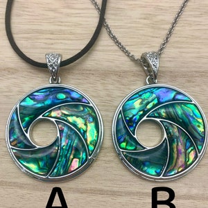 Abalone Shell Necklace Donut Paua Shell Swirl Abalone Shell Vortex Pendant on Choice of Stainless Chain or Black Cord, Choose Length image 1