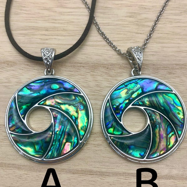 Abalone Shell Necklace Donut Paua Shell Swirl Abalone Shell Vortex Pendant on Choice of Stainless Chain or Black Cord, Choose Length