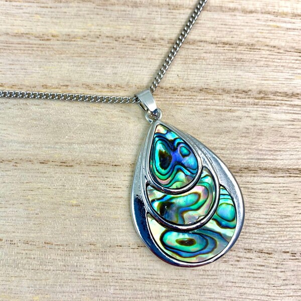 Abalone Shell Necklace, Abalone Teardrop Pendant, on Choice of Stainless chain or Black Cord, Choose Length