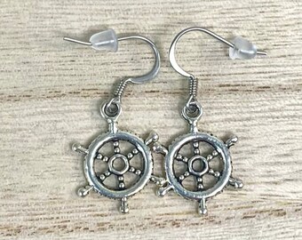 Ship Wheel Earrings, Boat Wheel Earrings Dangle, Nautical Jewelry, Ship Helm charms on Surgical Stainless French Earwires