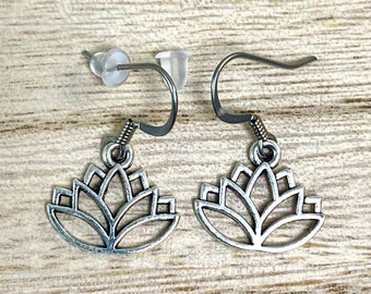 Lotus Flower Earrings, Lotus Earrings Silver, Lotus Dangle Earrings, on Surgical Stainless French Earwires