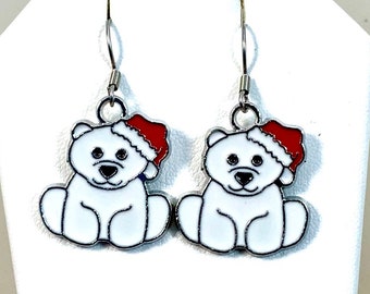 Christmas Polar Bear Earrings, Christmas Enamel Earrings, Cute Bear Charms, on Surgical Stainless Steel French Ear wires