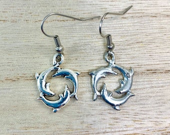 Dolphin Circle Earrings, Dolphin Jewelry for Women, Dolphin Charms on Surgical Stainless French Ear wires, Dolphin Gift for Her