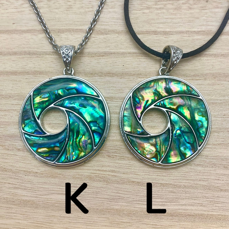 Abalone Shell Necklace Donut Paua Shell Swirl Abalone Shell Vortex Pendant on Choice of Stainless Chain or Black Cord, Choose Length image 6