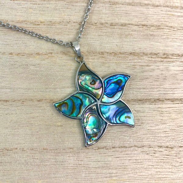 Plumeria Necklace Tropical, Abalone Pendant Necklace, Star Fish Pendant Necklace, Abalone Tropical Flower Pendant on Stainless Chain, Choose