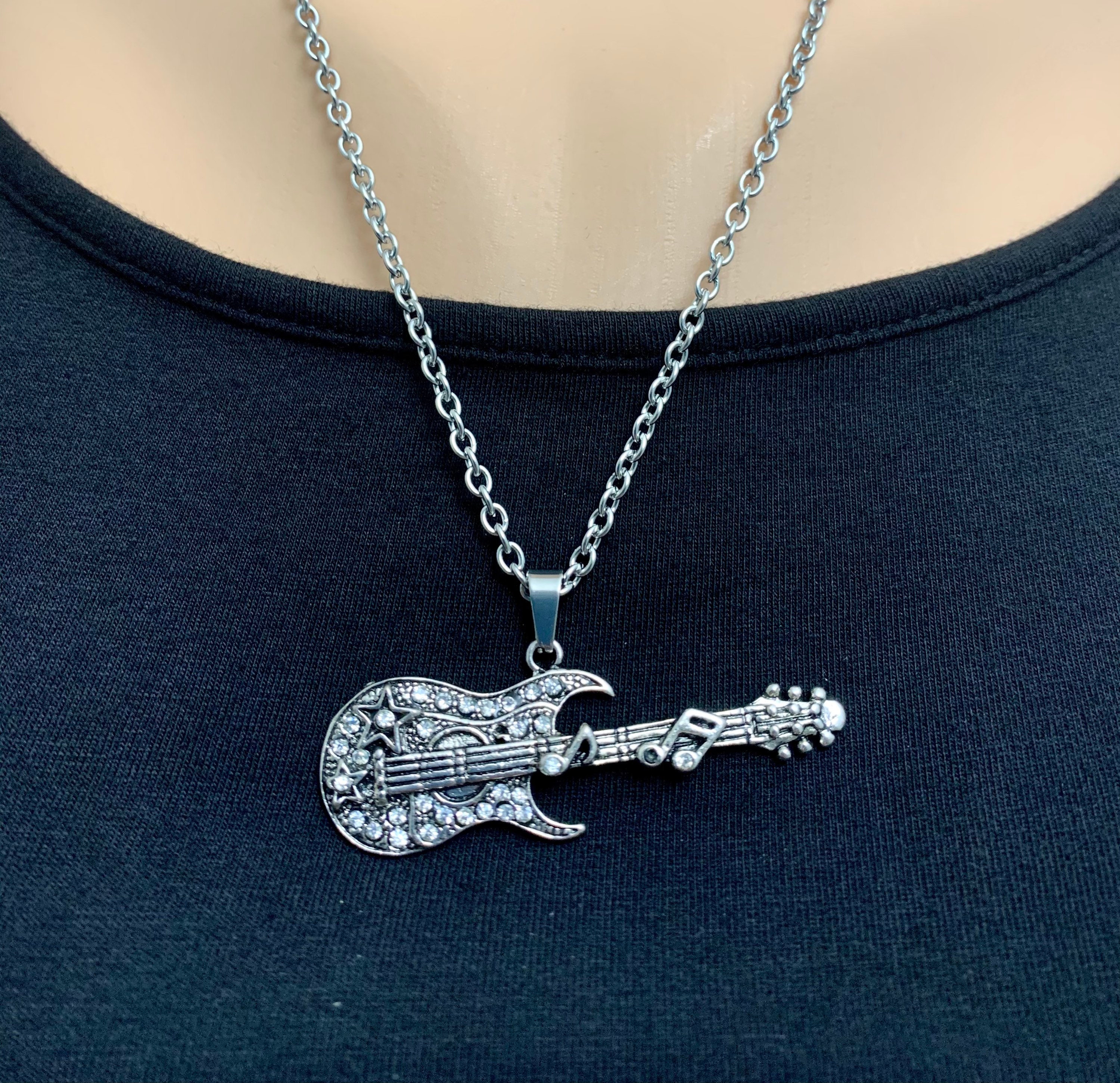 Electric Guitar Charm Necklace Guitar Pendant on Stainless Etsy