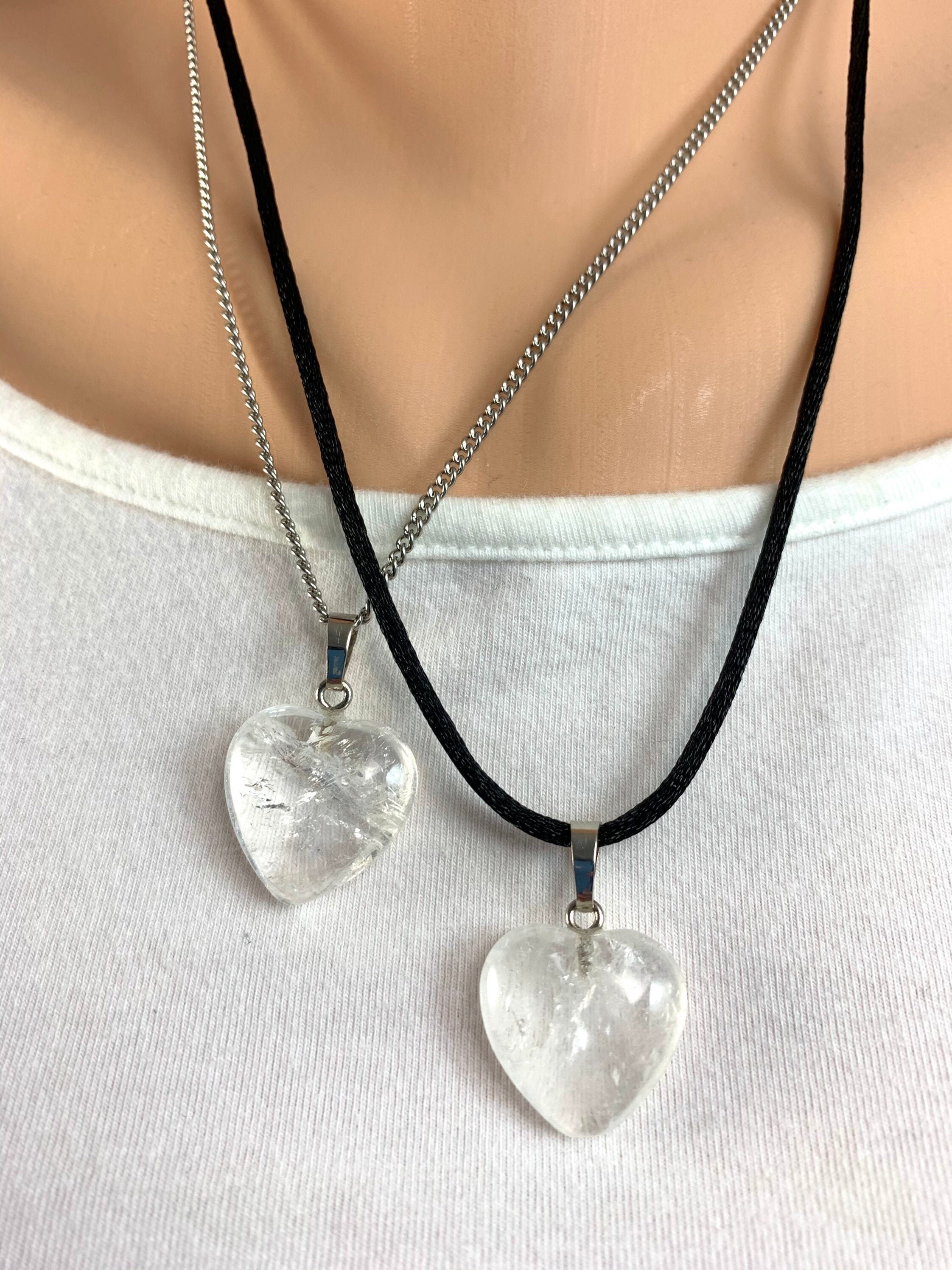 Clear Quartz Heart Necklace Quartz Heart Pendant on Stainless