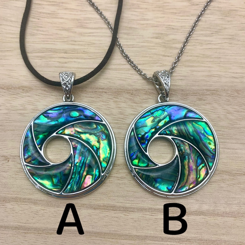 Abalone Shell Necklace Donut Paua Shell Swirl Abalone Shell Vortex Pendant on Choice of Stainless Chain or Black Cord, Choose Length image 1