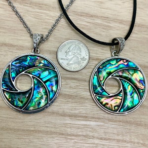 Abalone Shell Necklace Donut Paua Shell Swirl Abalone Shell Vortex Pendant on Choice of Stainless Chain or Black Cord, Choose Length image 7