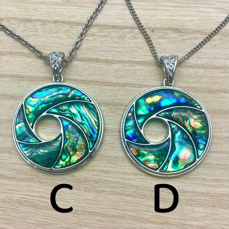 Abalone Shell Necklace Donut Paua Shell Swirl Abalone Shell Vortex Pendant on Choice of Stainless Chain or Black Cord, Choose Length image 2