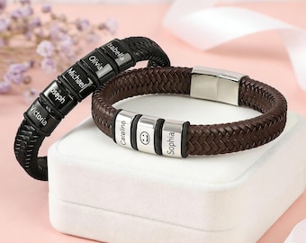 Bracciale in pelle intrecciata personalizzato con 1-8 perline incise • Argento/Nero Regalo personalizzato per uomo, famiglia e amici