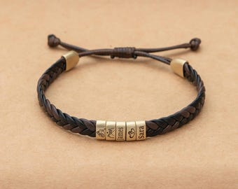 Personalisiertes geflochtenes Vintage Lederarmband, individuell gravierte Perlen, verstellbares Geschenk für Männer, Vatertag & Paarschmuck