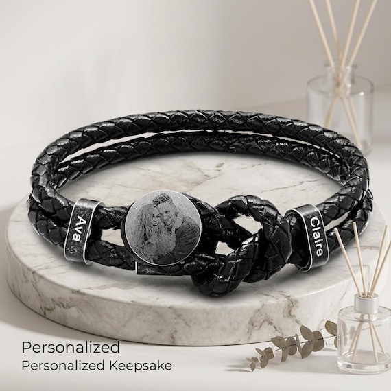 Custom Photo Engraved Braided Leather Bracelet for Men • Personalized 1‑6 Names Laser Picture Charm, Stainless Steel Double‑Layer Wristband