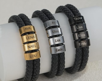 Pulsera de cuero con cuentas y nombre personalizado • Acero inoxidable dorado/plateado/negro • Regalo familiar personalizado para hombre