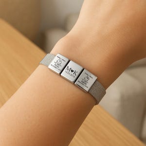 Custom Engraved Mesh Watch Band Bracelet, Personalized Text Bead Wristband, 1-3 Custom Square Beads, Adjustable Stainless Steel Bracelet