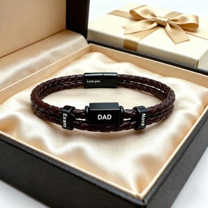 Custom Engraved Braided Leather Bracelet for Dad, Magnetic Clasp Wristband, 1-8 Custom Name Beads, Multiple Metal Finishes