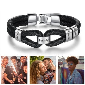 Custom Infinity Braided Leather Bracelet • 3-8 Engraved Beads • Silver Stainless Steel Men’s Thanksgiving Gift