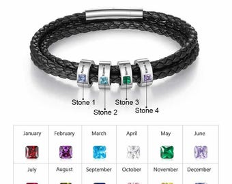 Aangepaste leren geboortesteenarmband met 1-8 gegraveerde namen • Zilveren roestvrijstalen gepersonaliseerde herencadeau