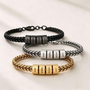 Personalized Stainless Steel Braided Chain Bracelet, Custom Engraved Beads in Silver Gold Black, Adjustable Name Jewelry Gift for Men