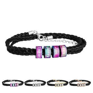 Op maat gemaakte gevlochten leren armband met 1-6 gegraveerde kralen • Zilver/goud/roségoud/regenboog, uniseks gepersonaliseerd cadeau