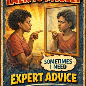 May include: Vintage-style poster with a woman pointing at her reflection in a mirror. The text reads "Of course I talk to myself" and "Sometimes I need expert advice."