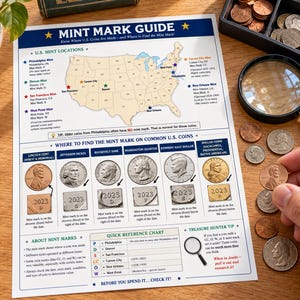 May include: A white informational Mint Mark Guide poster featuring a map of U.S. mint locations, a chart showing where to find mint marks on common coins like the Lincoln Cent and Roosevelt Dime, and a quick reference chart for mint mark letters.