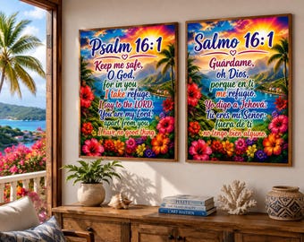 Salmos 16:1 Páginas para colorear en criollo e inglés y minipósteres de 8.5x11 para decoración de pared. Intercambio intercultural.