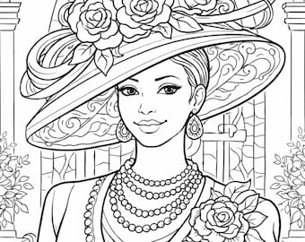 Vintage Elegant Lady Coloring Page: Woman in Floral Hat, Pearls (Digital Download) 8.5x11 PNG, TIFF, JPEG