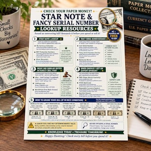 May include: A white informational flyer titled Star Note & Fancy Serial Number Lookup Resources, featuring five numbered steps for evaluating paper money, including a grading scale with dollar bill illustrations, gold stars, and blue accents.