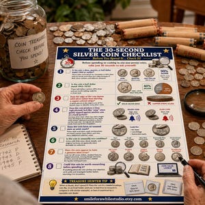 Coin Hunter Gift30-Second Silver Coin Checklist Printable | Coin Collecting Guide | Silver Coin Identifier | Treasure Hunting PDF |jpeg