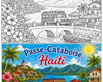 Passe-Cataboise, Haiti Malseite | Druckbare haitianische Kulturerbe Kunst | Tropisches Dorf Digitaler Download | 8,5x11 PDF |